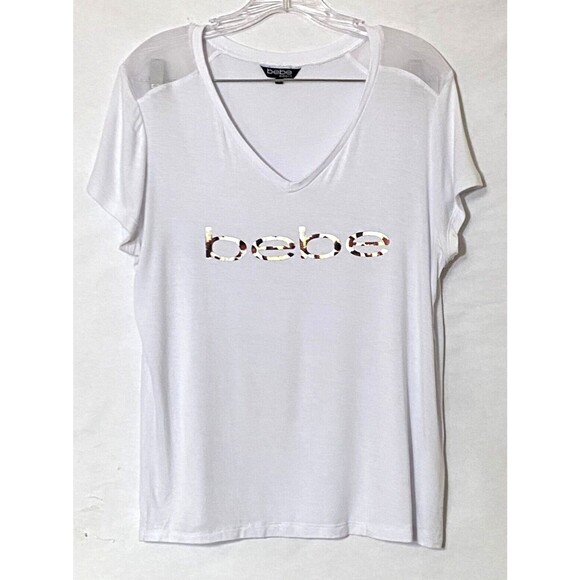 Bebe T Shirt Womens Large White Animal Print Reflective Logo Mesh Shoulders Read - Picture 2 of 15